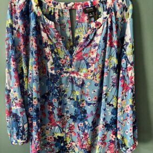 Nicole Miller XL Blue Floral Blouse V Neck Boho Festival Feminine Statement Chic